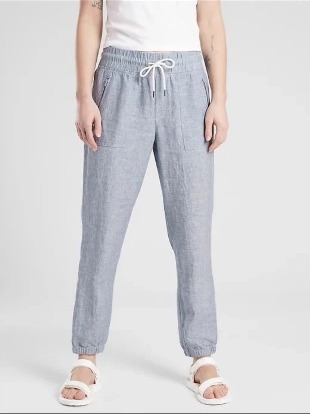 Athleta Cabo Linen Jogger Pants Chambray Blue Size 12